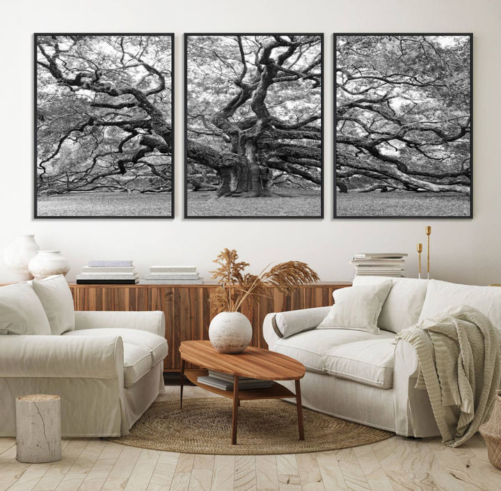 The Black White Angel Oak Tree wall art adds timeless, nature-inspired decor.