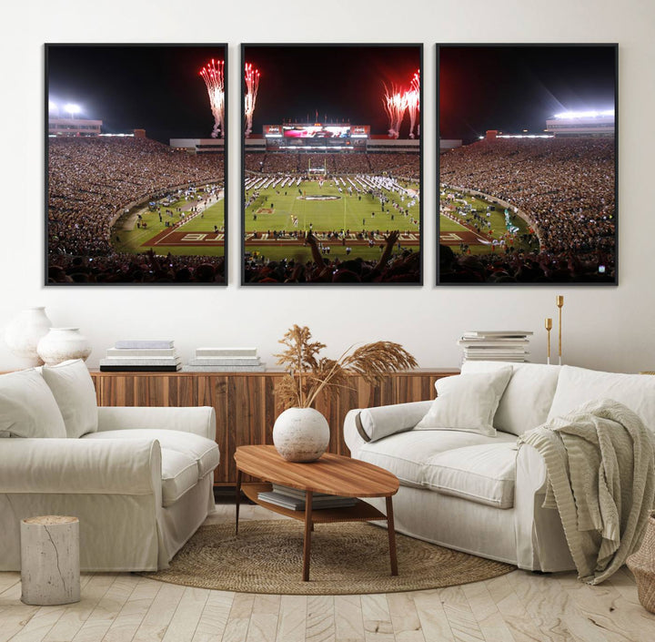 A vibrant wall art piece of the Florida State Seminoles sets a lively tone, depicting scenes filled with energy and celebration.