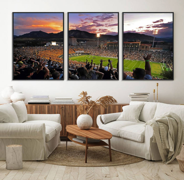The Folsom Field Stadium Print beautifully captures the Colorado Buffaloes stadium at sunset, set against a stunning mountain backdrop.