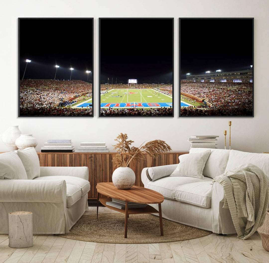 Wide-angle view of a vibrant painting depicting SMU Mustangs Football at Dallas Gerald J. Ford Stadium, capturing the energy and excitement of a filled stadium and brightly lit field.