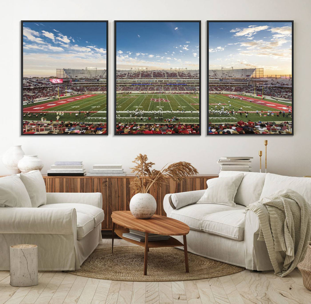 A Houston Cougars print of TDECU Stadium with a game crowd beautifully enhances the living room decor.