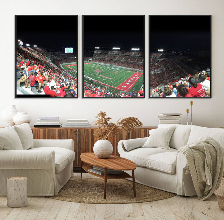 The wall art canvas print features a scene from a packed TDECU Stadium at night, highlighting the field and scoreboard.