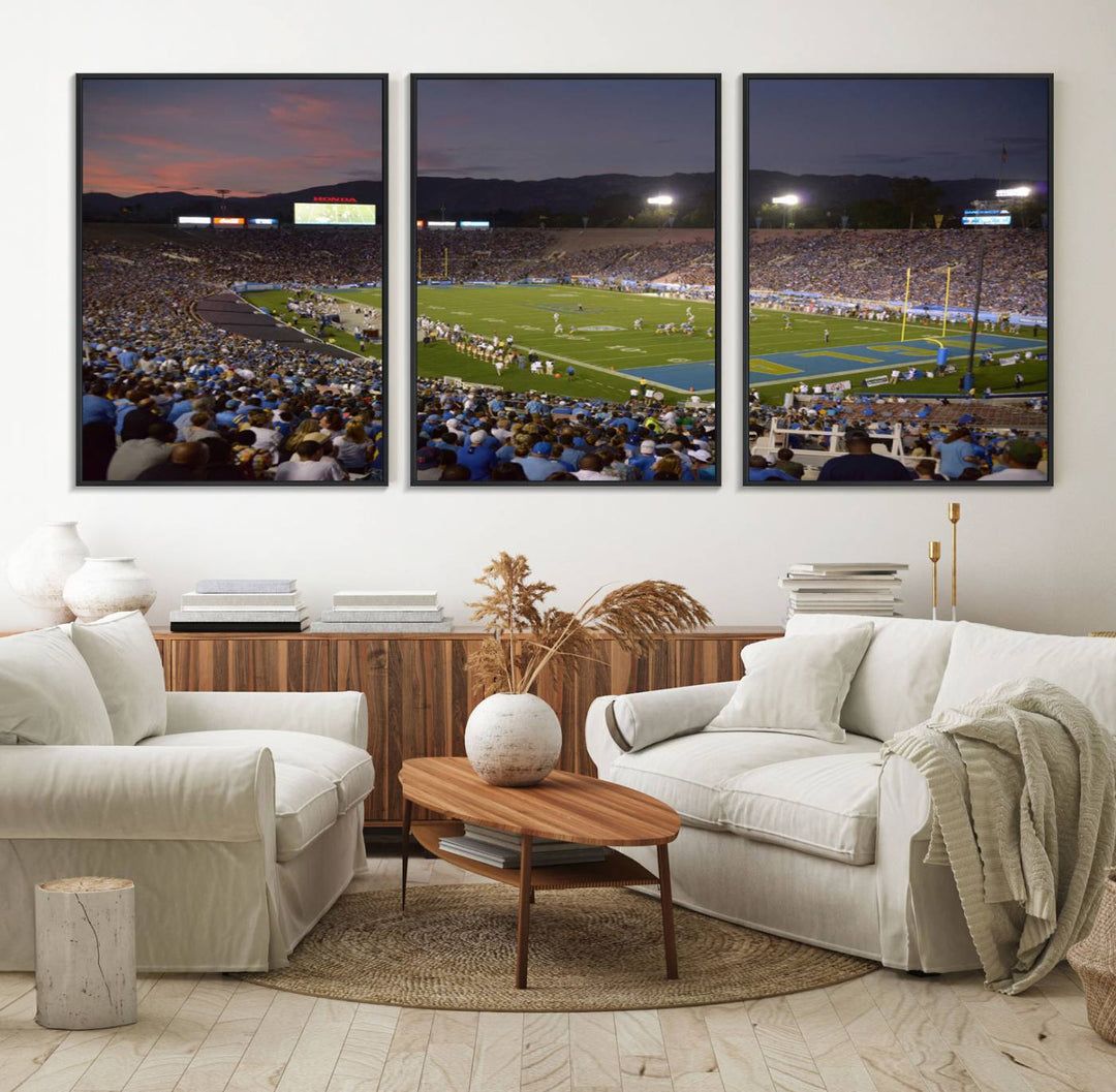 Admire the stunning wall art canvas depicting a UCLA Bruins game with a sunset over the Pasadena Rose Bowl Stadium.