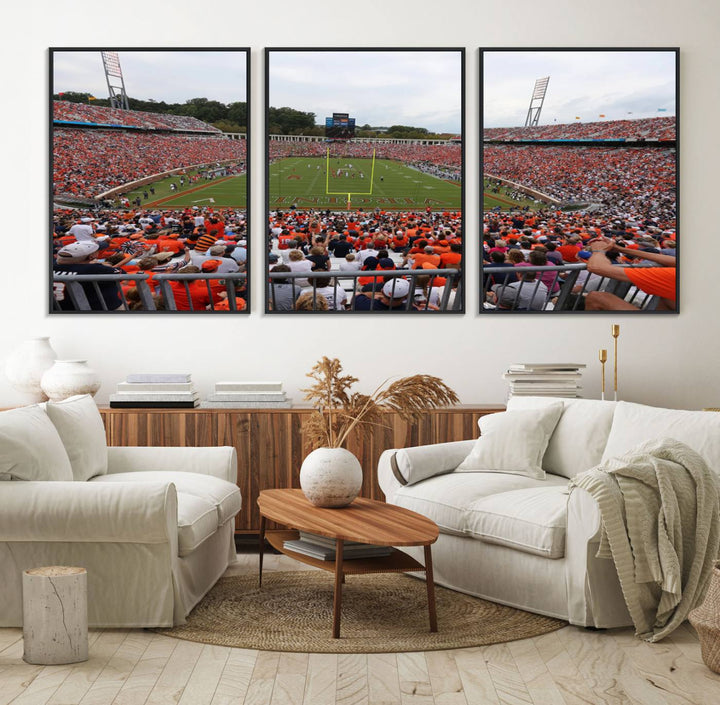 The Virginia Cavaliers Wall Art Canvas Print features a thrilling game at Scott Stadium surrounded by greenery.