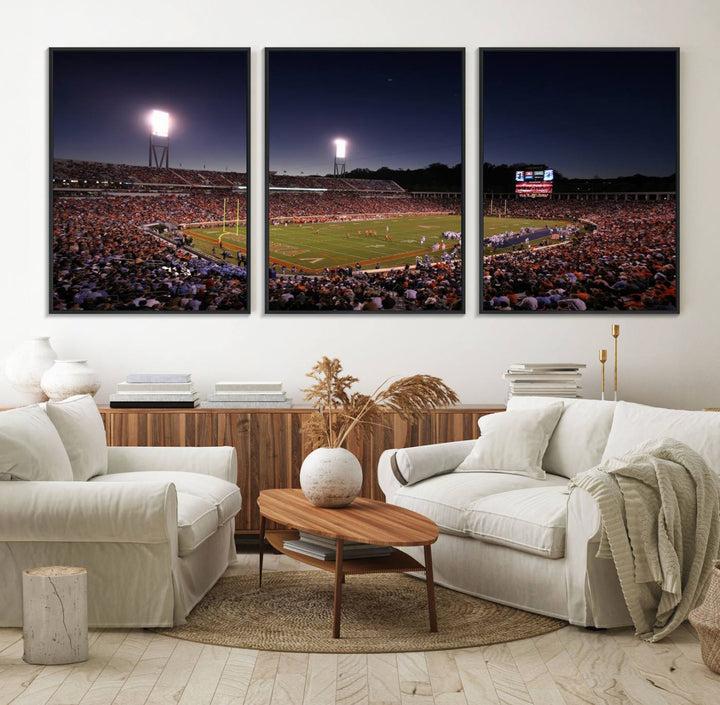 A nighttime game at Scott Stadium, floodlit—a scene from the Virginia Cavaliers Football art print.