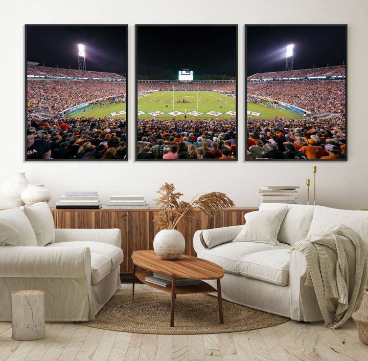 A Virginia Cavaliers Wall Art Canvas Print captures Scott Stadium filled with fans under the night sky.