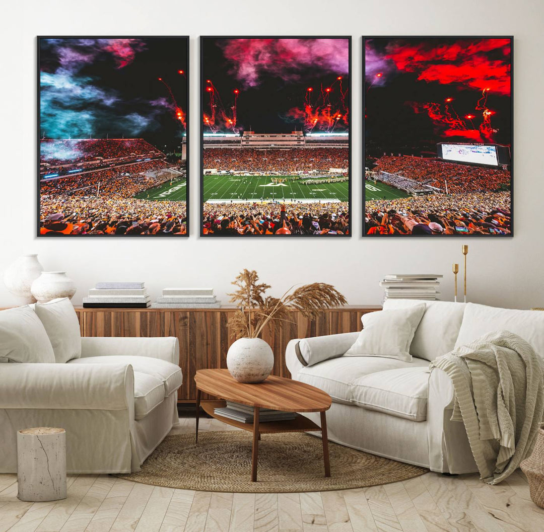 A Hokies football canvas print displays Lane Stadium at night with fireworks.