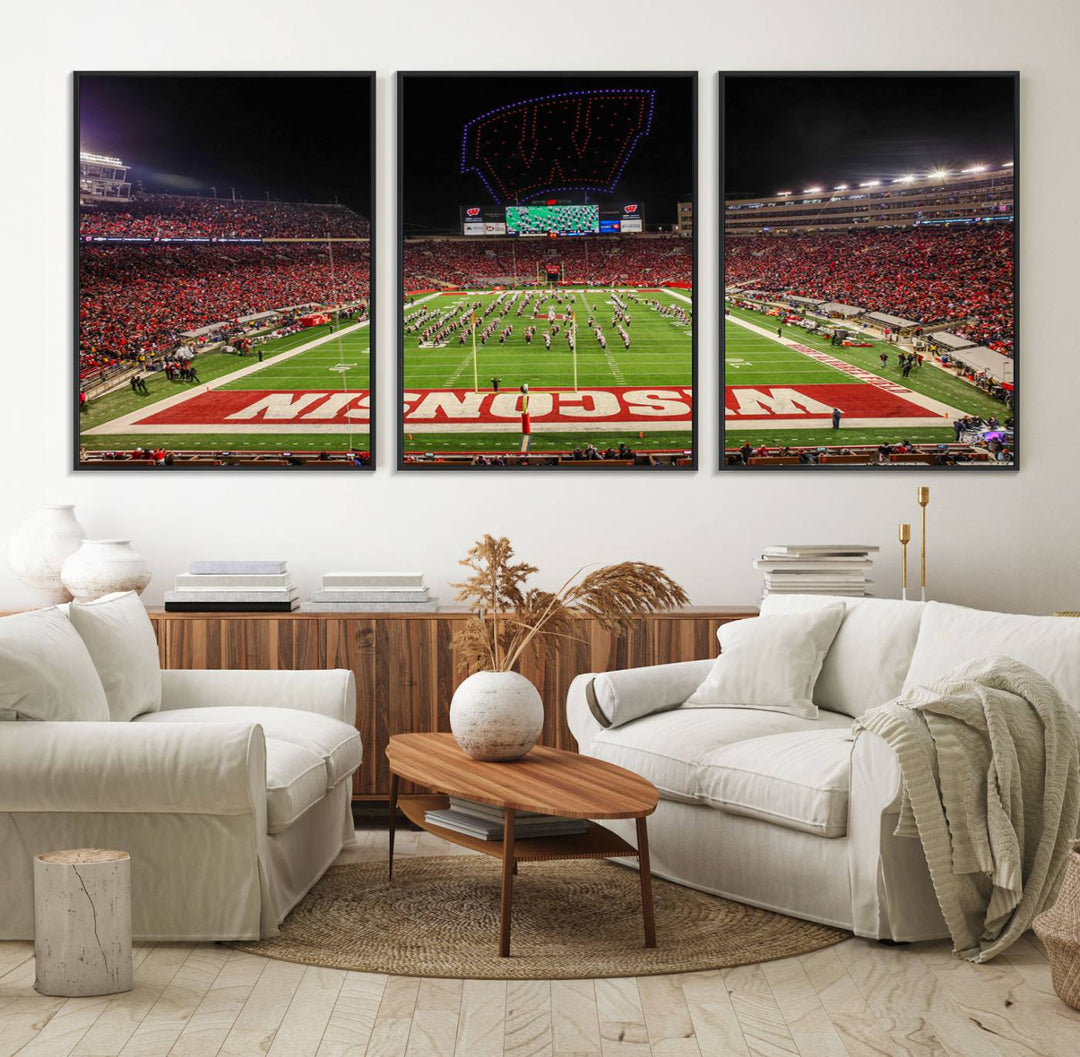 A premium canvas print captures a vibrant scene of Camp Randall Stadium featuring a lively football game with cheering fans and the energetic movements of the band.