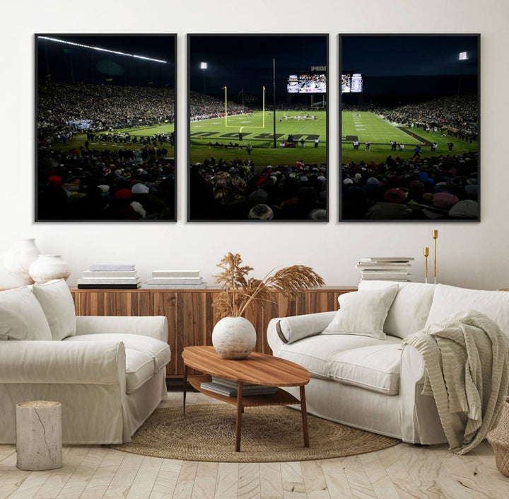 A Purdue Boilermakers canvas print beautifully showcases Ross–Ade Stadium in West Lafayette, vibrant with fans and a large screen display.