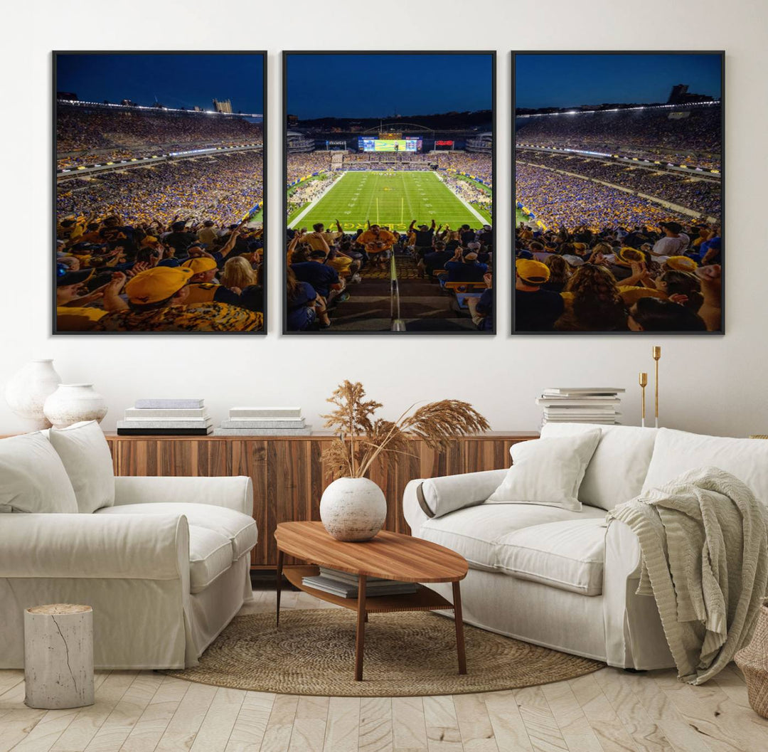 A Pittsburgh Panthers Acrisure Stadium canvas print captures the thrill of a packed stadium under lights and fans cheering.