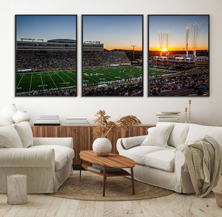 Canvas wall art print depicting the Demon Deacons football stadium at sunset with fireworks.