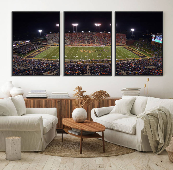 The Demon Deacons stadium print captures a brightly lit, bustling scene on museum-quality canvas.