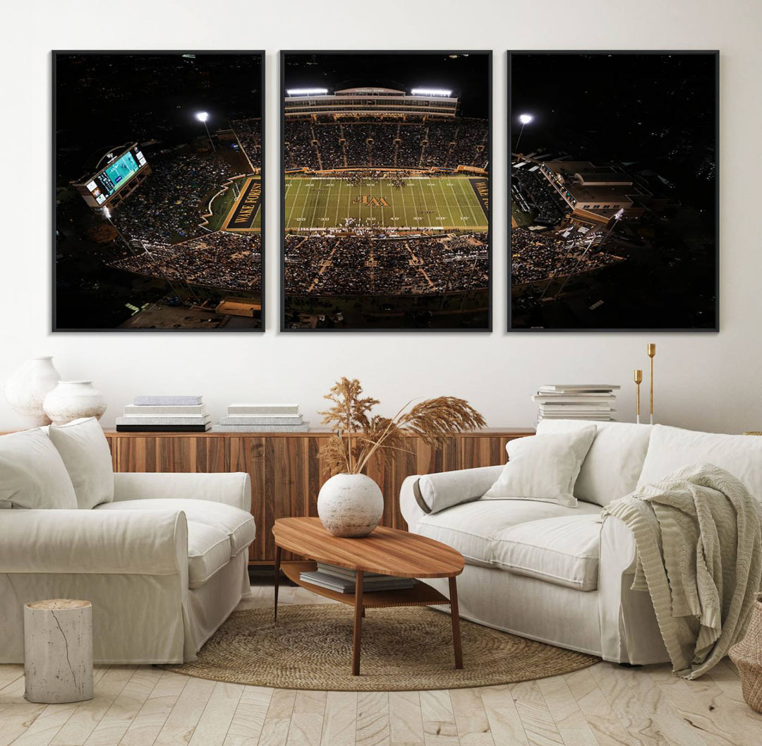 Canvas wall art displays an aerial view of Wake Forest Demon Deacons stadium at night.