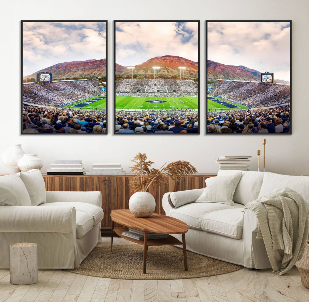 A museum-quality canvas featuring BYU Cougars Football at LaVell Edwards Stadium with a stunning mountain view.