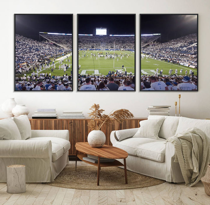 The wall art is a premium canvas of LaVell Edwards Stadium, offering a gallery-quality finish that showcases BYU Cougars pride.