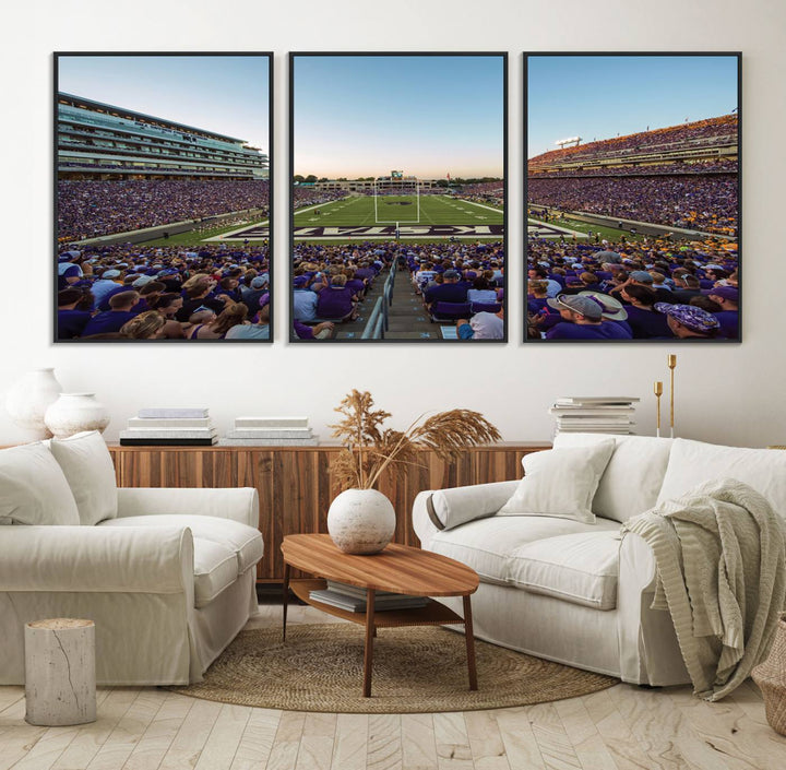 Sunset view of fans in purple at Bill Snyder Family Stadium, captured in a stunning gallery wall art canvas, perfect for a modern living room or office.