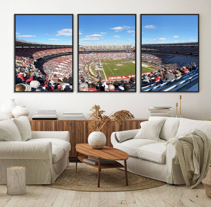 Canvas print of Alabama Crimson Tides Bryant-Denny Stadium, showcasing a sunlit field under a blue sky.