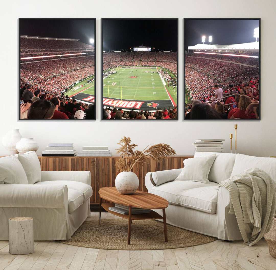 Panoramic view of a crowded football stadium with Louisville in the end zone, crafted as University of Louisville wall art.