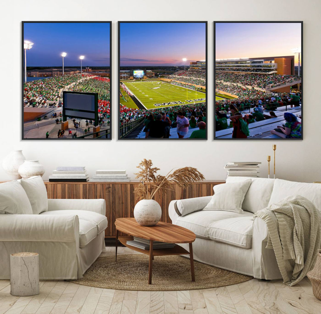 Aerial view of University of North Texas DATCU Stadium at sunset on canvas, showcasing a colorful sky.