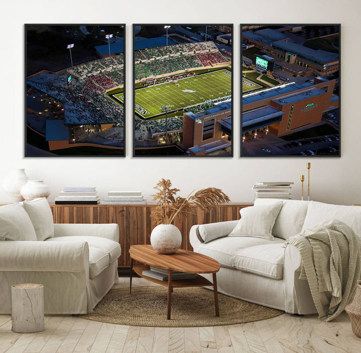 Night aerial view of fans at UNT Mean Green game captured on premium DATCU Stadium canvas wall art print.