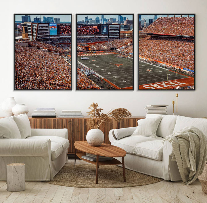 A premium canvas wall art featuring the University of Texas Longhorns stadium, showcasing a vibrant sea of orange.