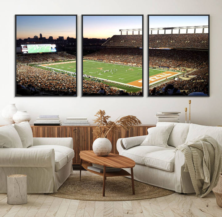 The Evening Game canvas art captures a glowing sunset and skyline at Texas Longhorns Darrell K Royal Stadium.