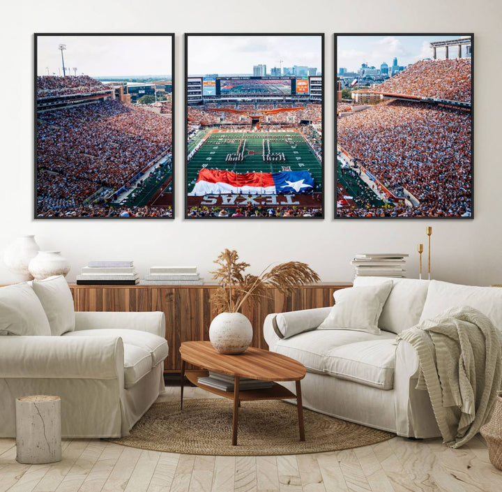 University of Texas Longhorns canvas: A premium print depicting Darrell K Royal-Texas Memorial Stadium with the city skyline and Texas flag.