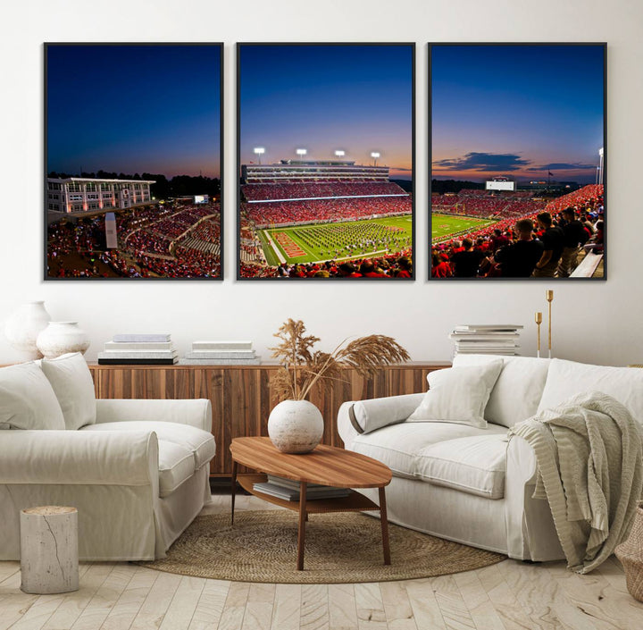 The Wolfpack Football Team Print captures a band and crowd at dusk in a premium canvas art style at Raleigh Carter-Finley Stadium.