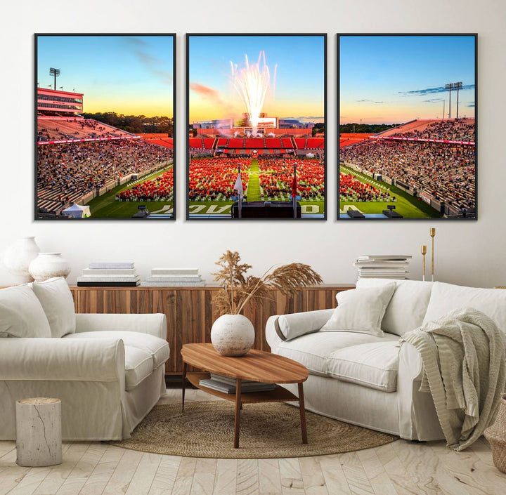 A vibrant North Carolina State University Wolfpack print, capturing a people-filled stadium, fireworks, and a sunset—perfect for your living room wall.