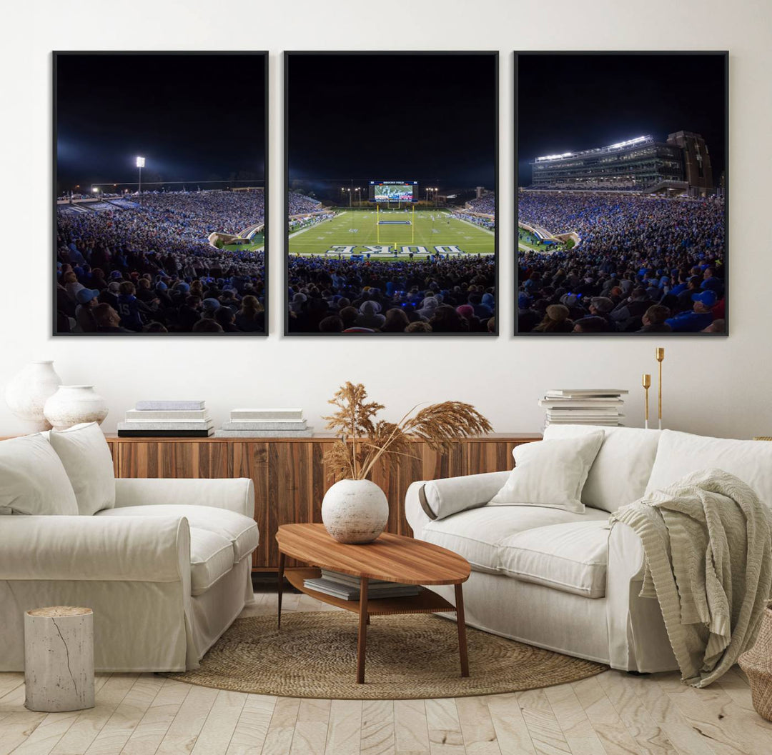 Under bright lights at night, the Duke Blue Devils Football Team Durham canvas wall art print is prominently displayed.