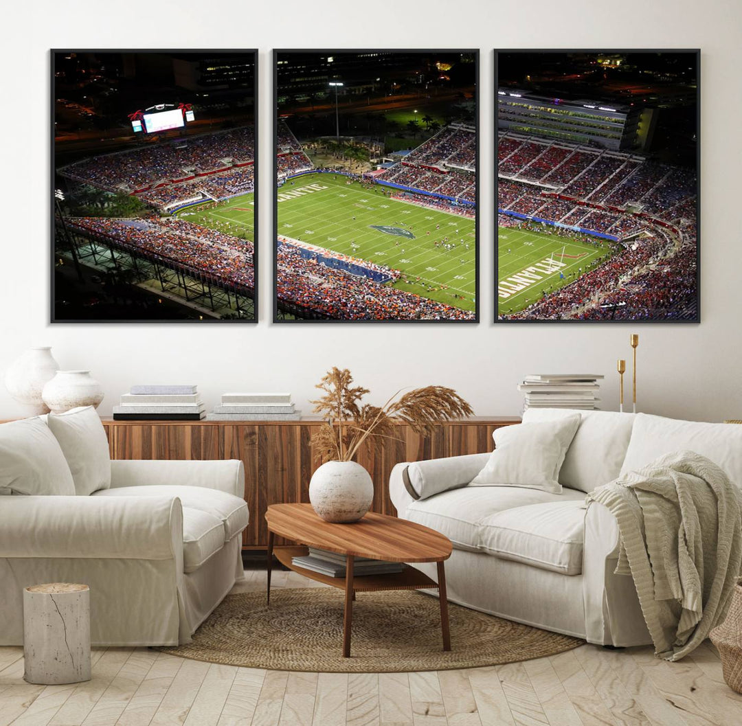 Aerial view of Florida Atlantic University Owls football stadium as a gallery-quality wall art canvas print.