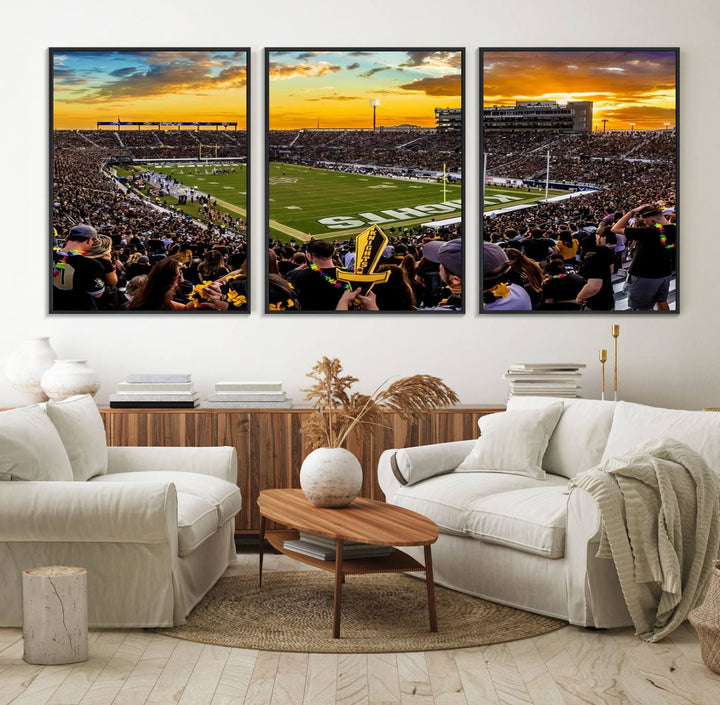 A sunset football game at UCFs Stadium—ideal as a premium wall art canvas print for your home.