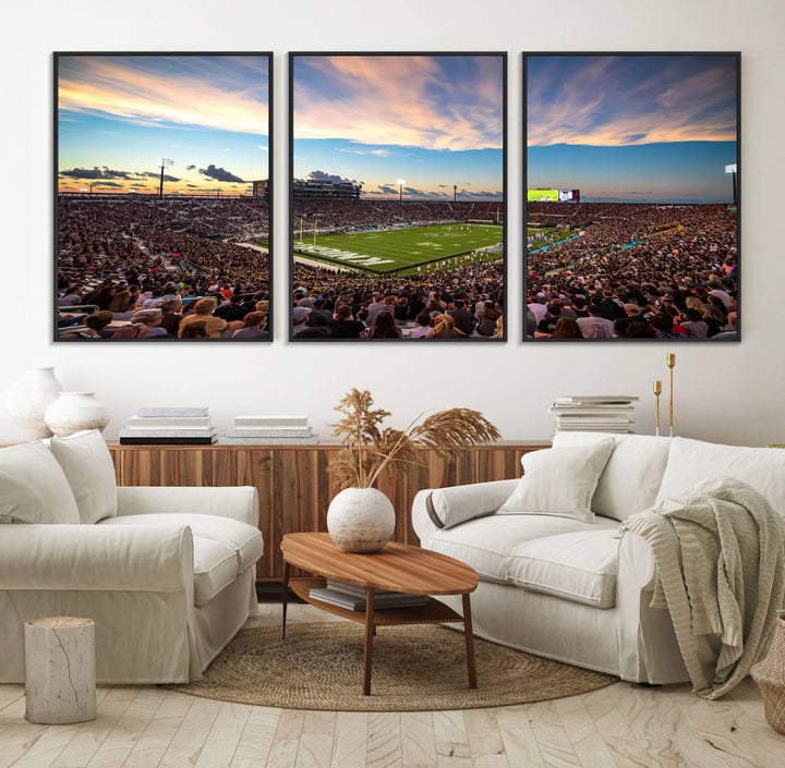 A vibrant wall art canvas captures a sunset scene at Orlandos FBC Mortgage Stadium, featuring the UCF Knights.