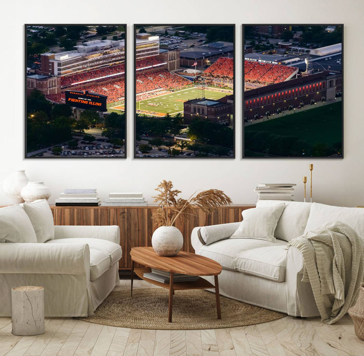 Aerial view of the University of Illinois Memorial Stadium on premium canvas, capturing buildings and greenery at dusk.