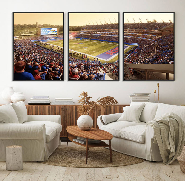 A premium University of Kansas Jayhawks Football Team canvas print captures the essence of a sunset football game, filling the stadium with vibrant energy.