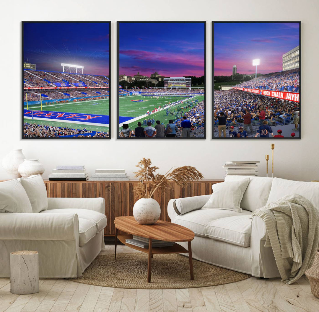 A canvas art piece depicting the Kansas Jayhawks stadium at twilight, vibrant in a modern setting.