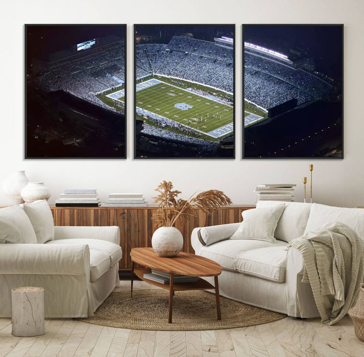 Aerial view of UNC Tar Heels night game at Kenan Memorial Stadium, perfect wall art canvas for fans.