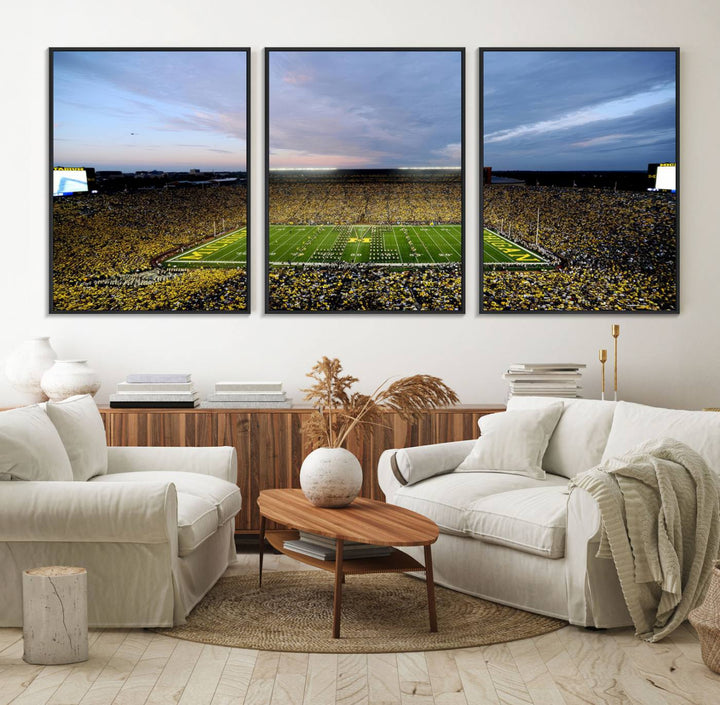 Gallery-quality canvas print of Michigan Stadium at sunset.