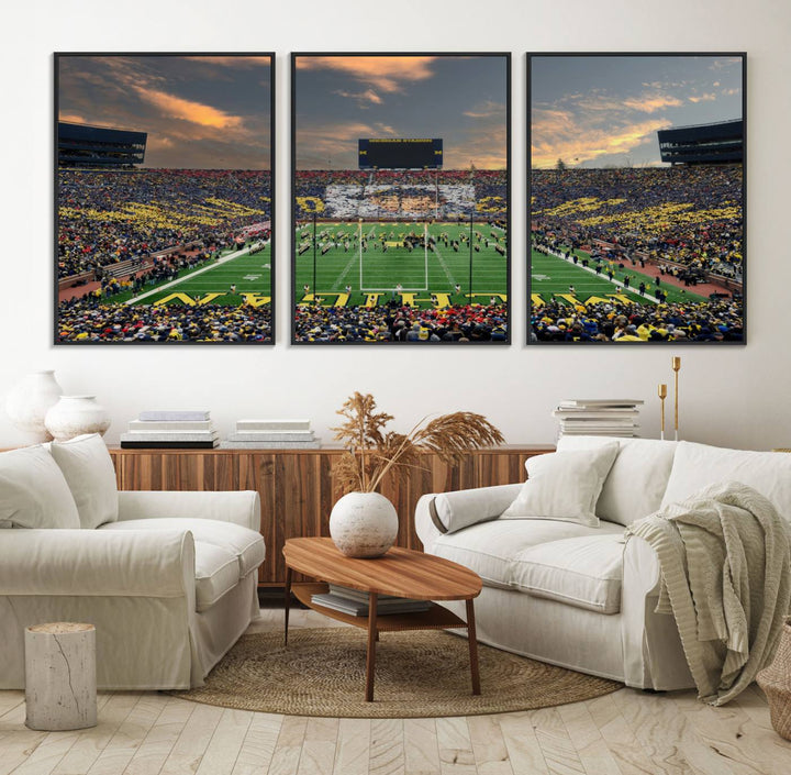 A giant image resembling Michigan Wolverines Wall Art depicts a football field beneath a dramatic sky.