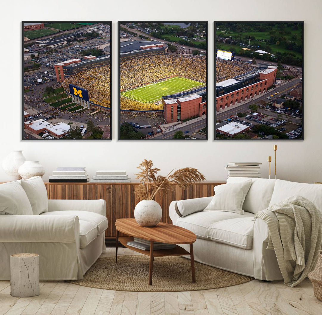 Canvas print featuring an aerial view of Ann Arbor Michigan Stadium filled with Wolverines fans.