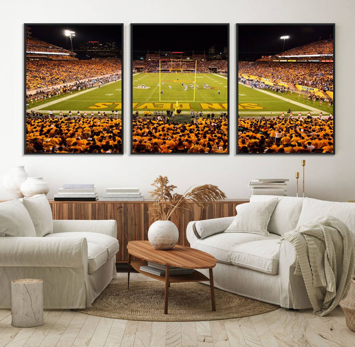 The Phoenix Stadium Canvas Wall Art features a vibrant depiction of a packed stadium filled with ASU Sun Devils fans wearing yellow shirts.