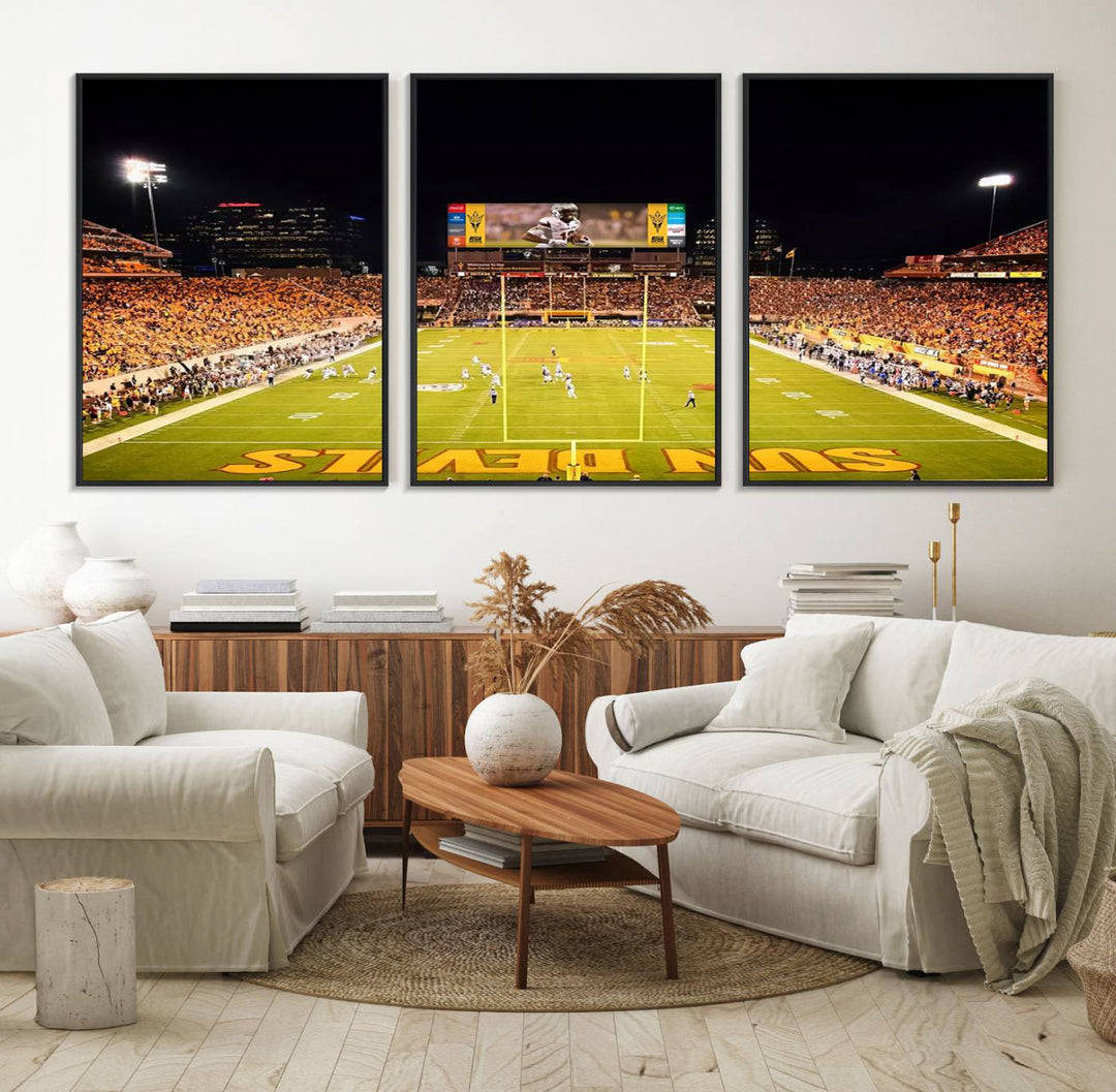 ASU Sun Devils Football Team Print - Wall Art Canvas featuring the Sun Devils end zone at Phoenix Mountain America Stadium.