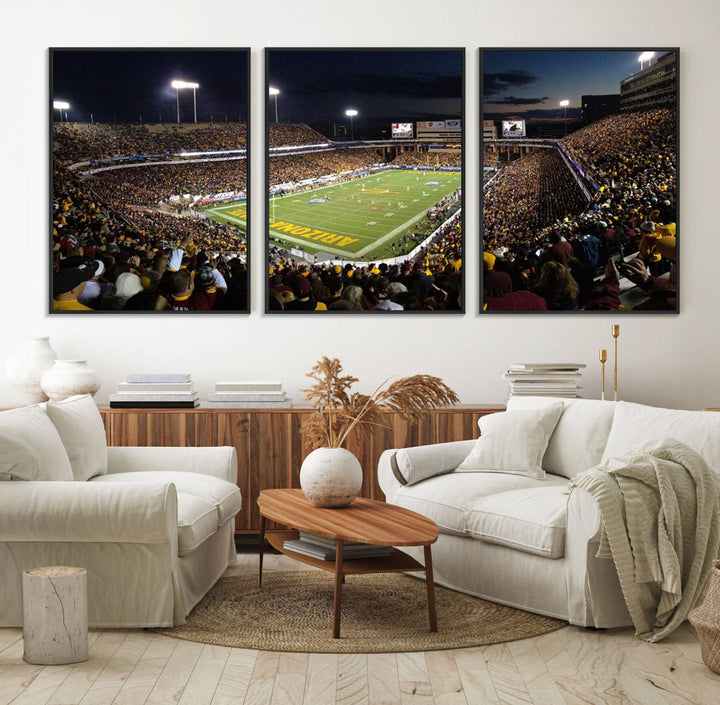 A room featuring an ASU Sun Devils Football Team Print, capturing fans at Phoenix Mountain America Stadium at dusk.