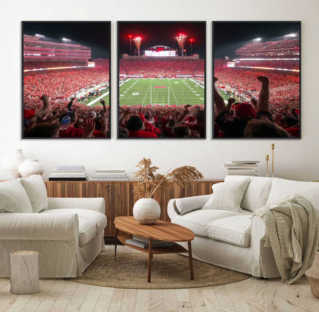 A vibrant canvas print of the Lincoln Memorial Stadium at night with fireworks, featuring the University of Nebraska Cornhuskers Football.