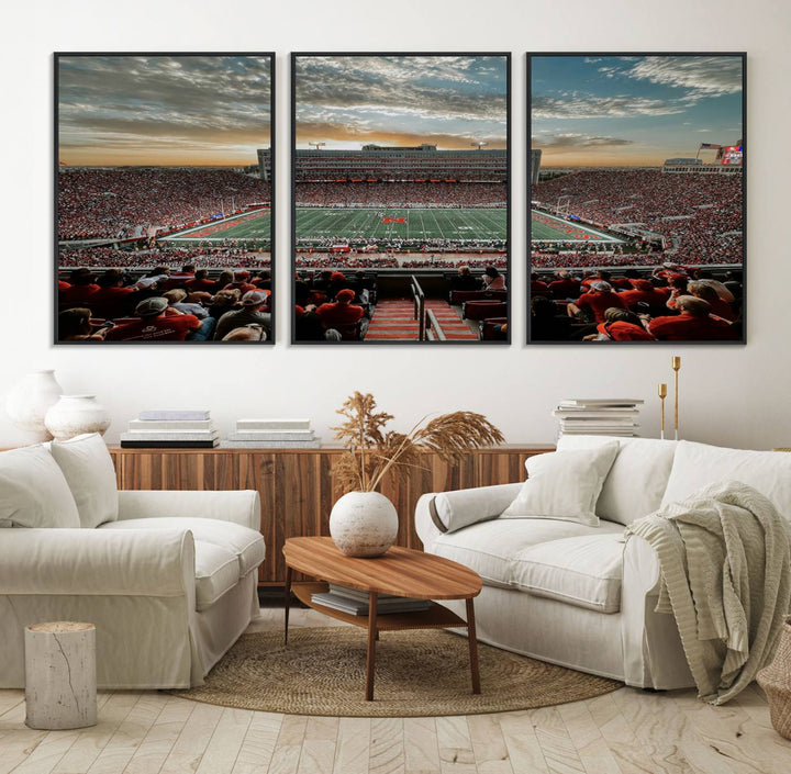 This stunning canvas wall art print features a packed Lincoln Memorial Stadium with the University of Nebraska Cornhuskers at sunset.