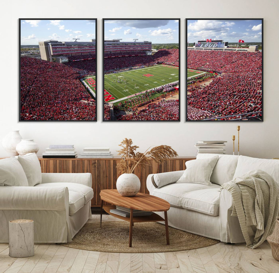 Wall art canvas print depicting a wide-angle view of Lincoln Memorial Stadium during a University of Nebraska game.