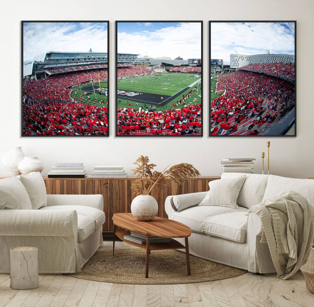 The wall showcases a Nippert Stadium canvas print of the Cincinnati Bearcats.