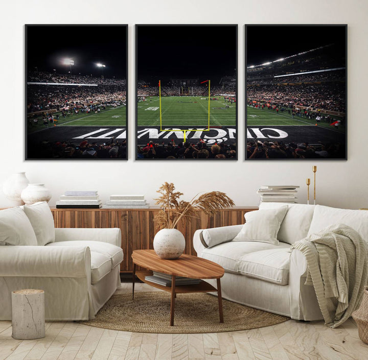 Interior view featuring a Cincinnati Bearcats football canvas of Nippert Stadium.