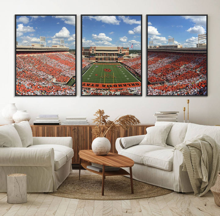 Boone Pickens Stadium was adorned with vibrant murals of Cowboys under a bright blue, cloud-speckled sky.