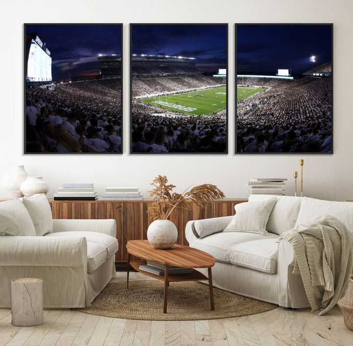 A packed football stadium at night, with bright lights and fans in white, depicted in a Michigan State Spartans Stadium wall art.